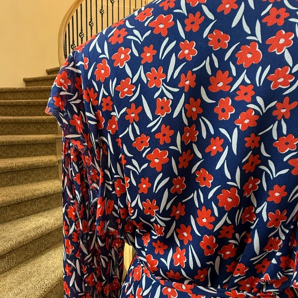 ESCADA Sport Floral Ruffle Wrap Dress EU 38 Blue Red Long Sleeve Midi MSRP $695 - Picture 7 of 11